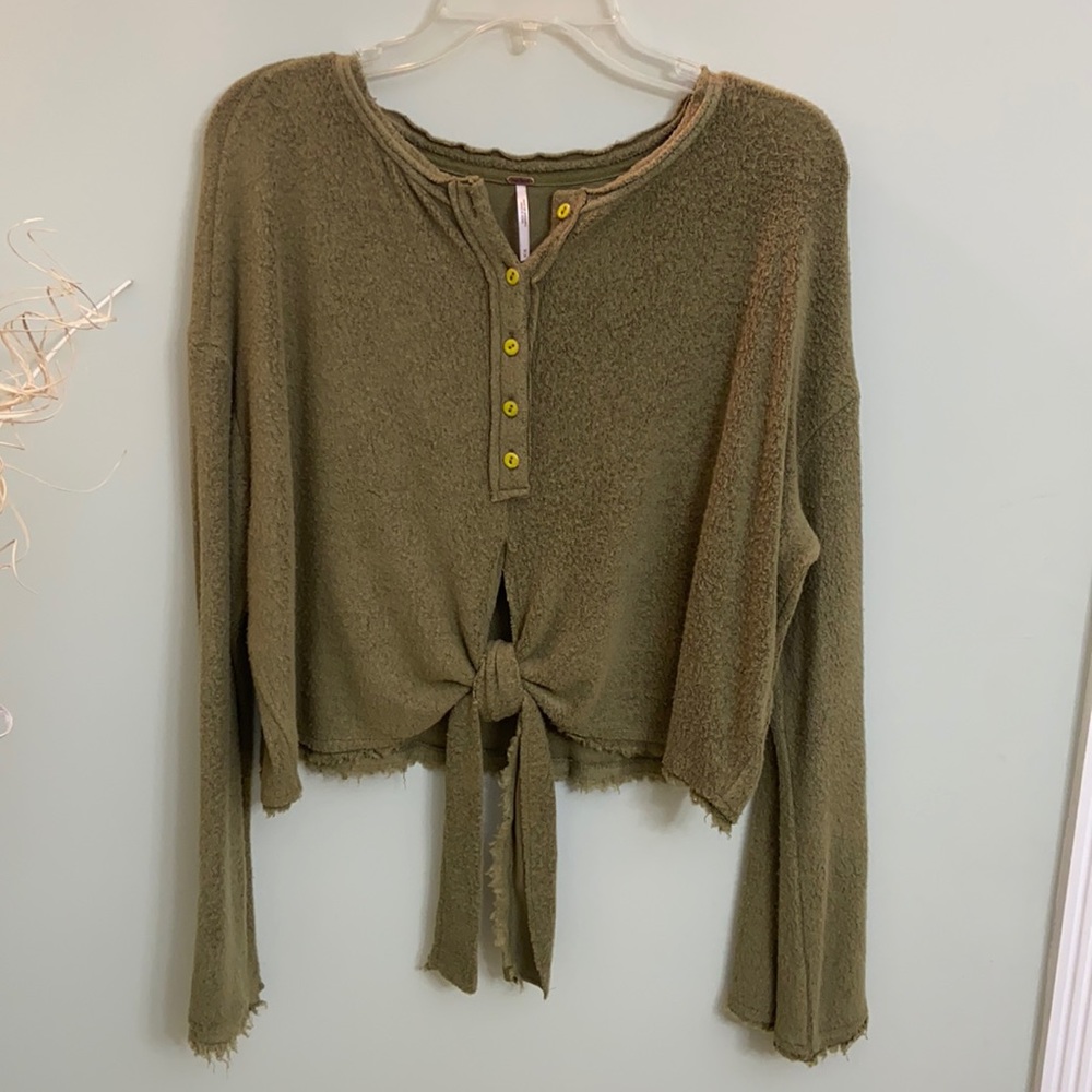 Free People Green Cropped Tie Button Neck Sweater